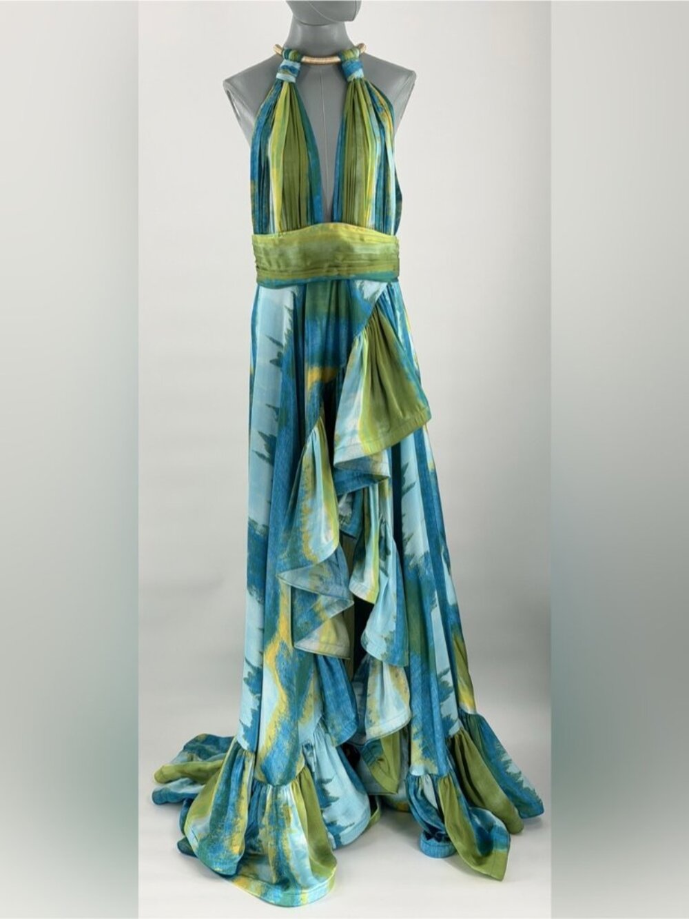 🆕 BRONX & BANCO 🧿 NWOT Palma Coastal Ruffle Hi-Low Gown, Blue Green, Sz L US 8 - Picture 2 of 16